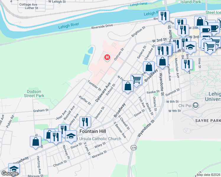 map of restaurants, bars, coffee shops, grocery stores, and more near 908 Delaware Avenue in Fountain Hill
