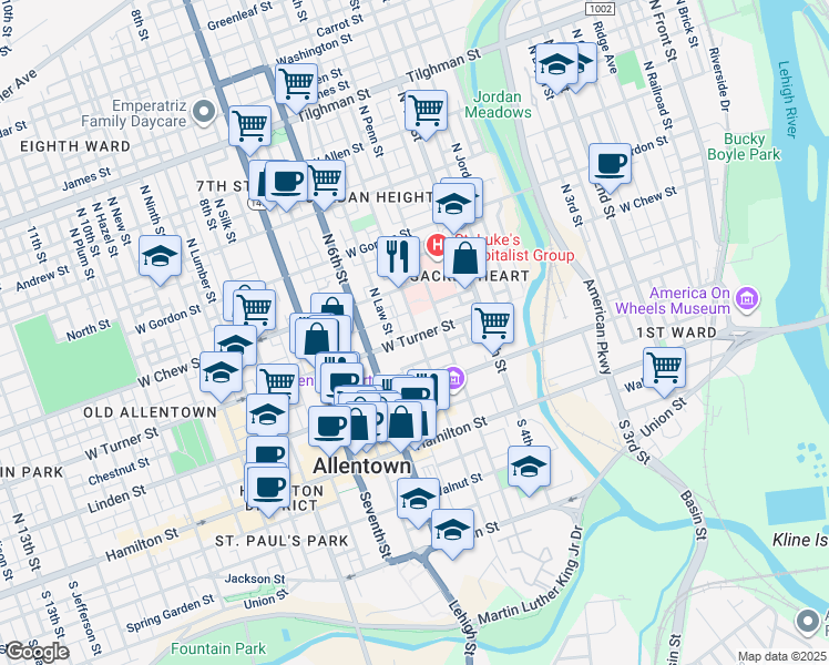 map of restaurants, bars, coffee shops, grocery stores, and more near 212 North 5th Street in Allentown