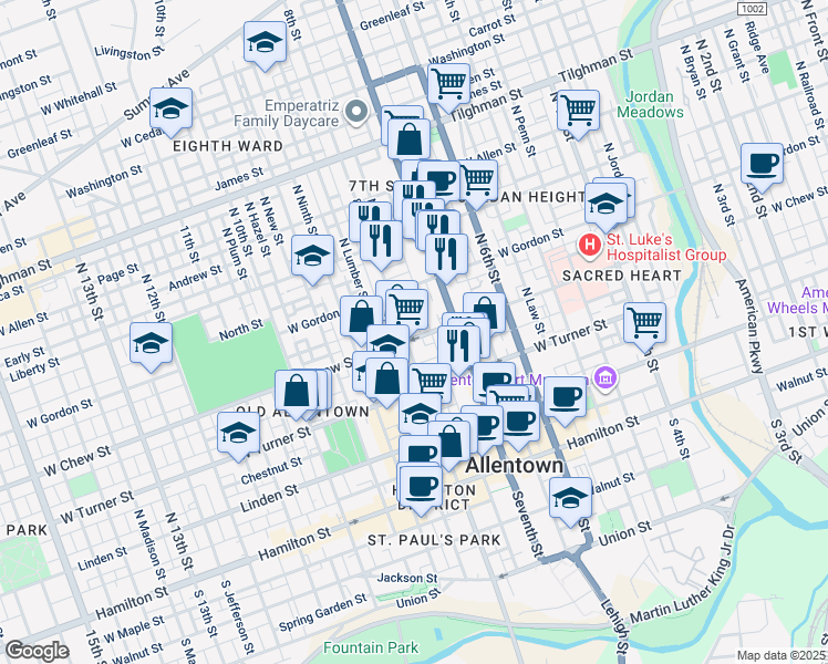 map of restaurants, bars, coffee shops, grocery stores, and more near 319 North Eighth Street in Allentown