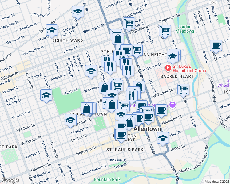 map of restaurants, bars, coffee shops, grocery stores, and more near 308 North Eighth Street in Allentown