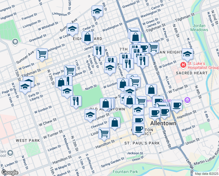 map of restaurants, bars, coffee shops, grocery stores, and more near 951 West Gordon Street in Allentown