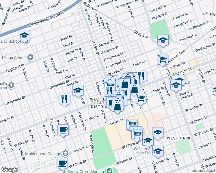 map of restaurants, bars, coffee shops, grocery stores, and more near 1917 West Washington Street in Allentown
