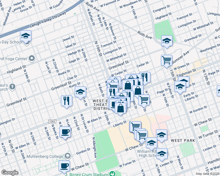 map of restaurants, bars, coffee shops, grocery stores, and more near 1917 West Washington Street in Allentown