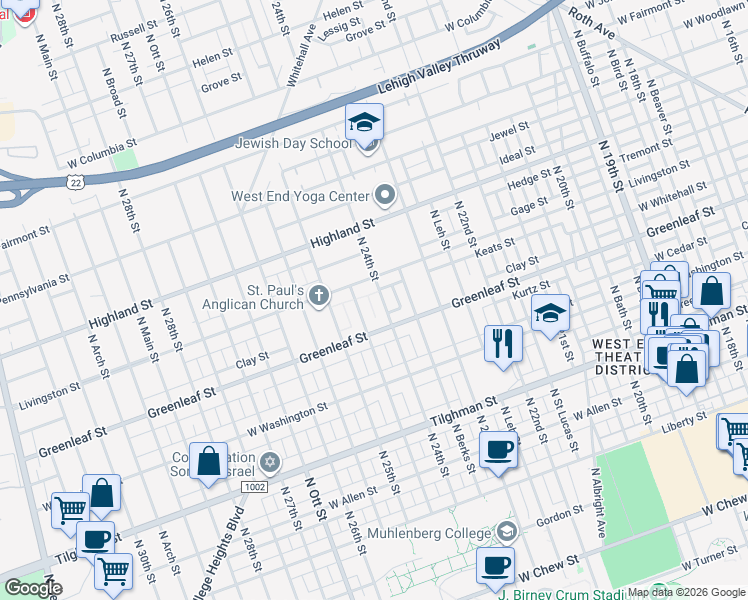 map of restaurants, bars, coffee shops, grocery stores, and more near 2422 Livingston Street in Allentown