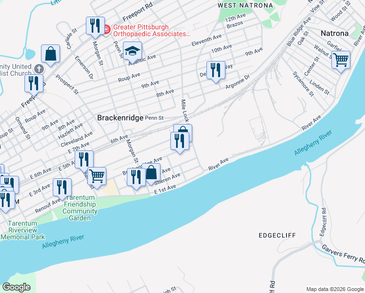 map of restaurants, bars, coffee shops, grocery stores, and more near 1117 Orchard Way in Brackenridge