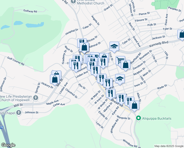 map of restaurants, bars, coffee shops, grocery stores, and more near 838 Plum Street in Aliquippa