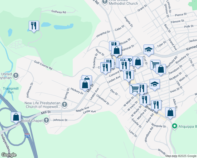 map of restaurants, bars, coffee shops, grocery stores, and more near 2407 Mill Street in Aliquippa