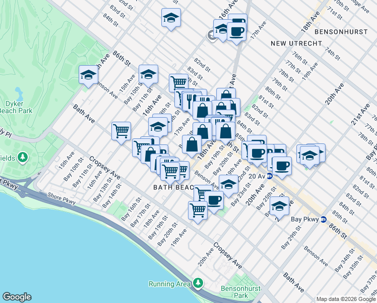 map of restaurants, bars, coffee shops, grocery stores, and more near 1731 Benson Avenue in Brooklyn