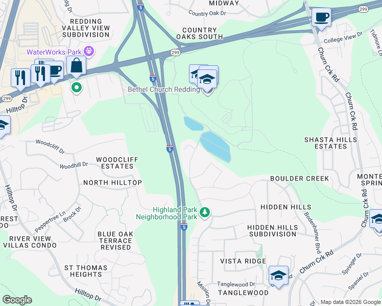 map of restaurants, bars, coffee shops, grocery stores, and more near 195 Mill Valley Parkway in Redding