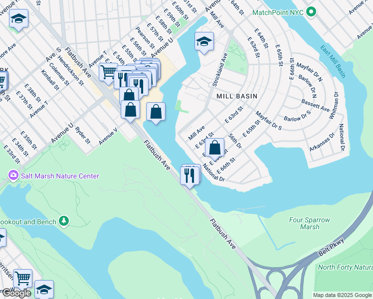 map of restaurants, bars, coffee shops, grocery stores, and more near 2795 Mill Avenue in Brooklyn