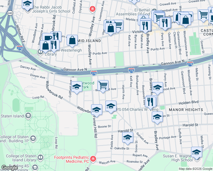 map of restaurants, bars, coffee shops, grocery stores, and more near 184 Ardmore Avenue in Staten Island