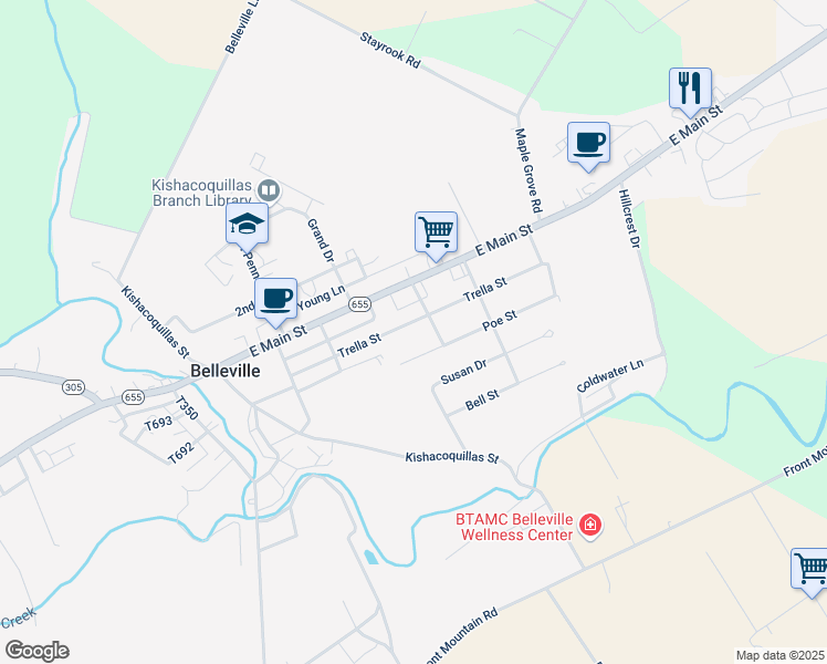 map of restaurants, bars, coffee shops, grocery stores, and more near 182 Trella Street in Belleville