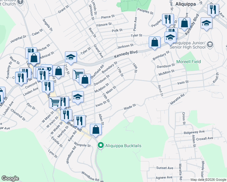map of restaurants, bars, coffee shops, grocery stores, and more near 1804 Main Street in Aliquippa