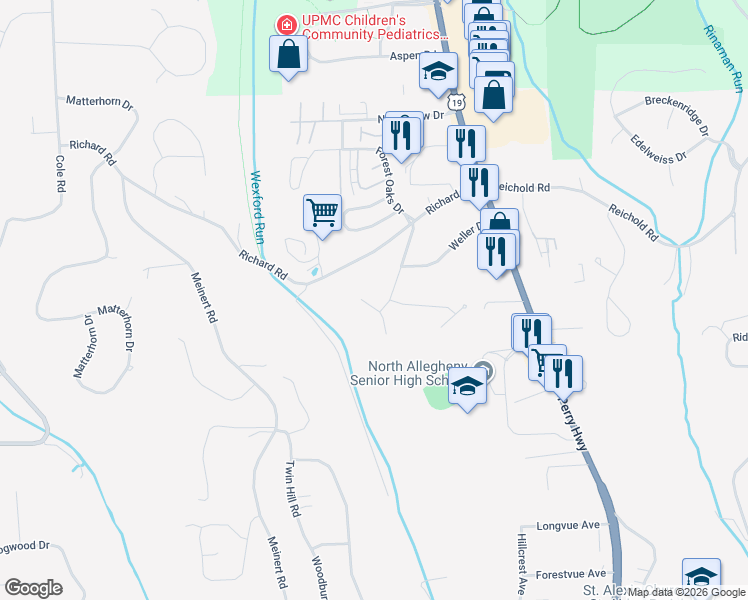 map of restaurants, bars, coffee shops, grocery stores, and more near 113 Amber Court in Allegheny County
