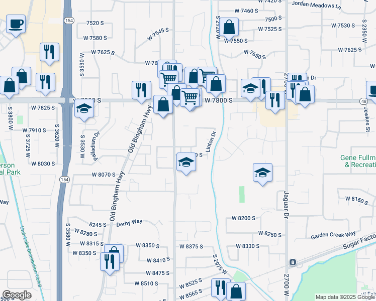 map of restaurants, bars, coffee shops, grocery stores, and more near 7984 Saint Ives Lane in West Jordan