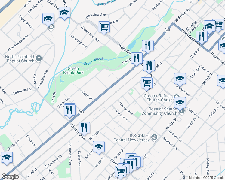 map of restaurants, bars, coffee shops, grocery stores, and more near in Plainfield