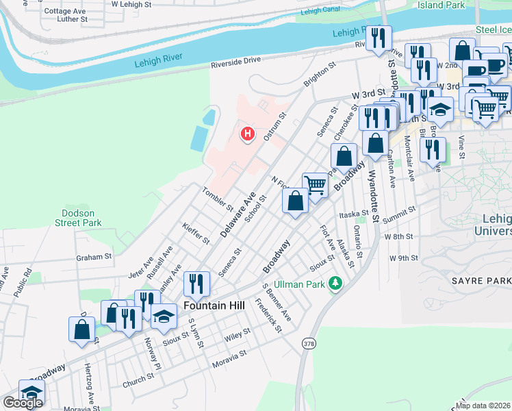 map of restaurants, bars, coffee shops, grocery stores, and more near 908 Delaware Avenue in Fountain Hill