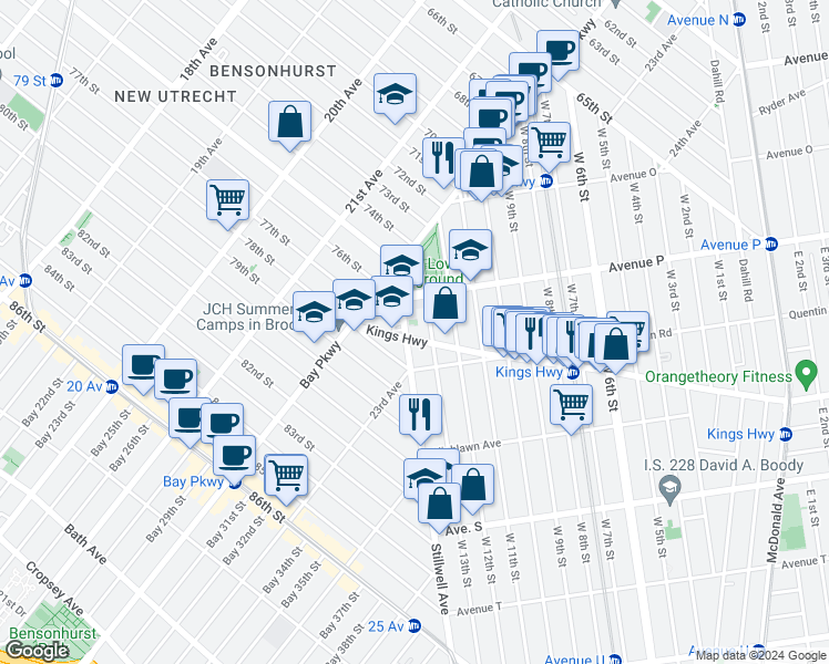 map of restaurants, bars, coffee shops, grocery stores, and more near 1631 West 13th Street in Brooklyn