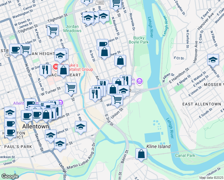 map of restaurants, bars, coffee shops, grocery stores, and more near 24 1/2 North 2nd Street in Allentown