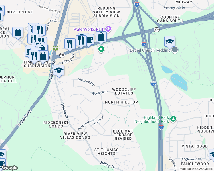 map of restaurants, bars, coffee shops, grocery stores, and more near 361 Woodcliff Drive in Redding