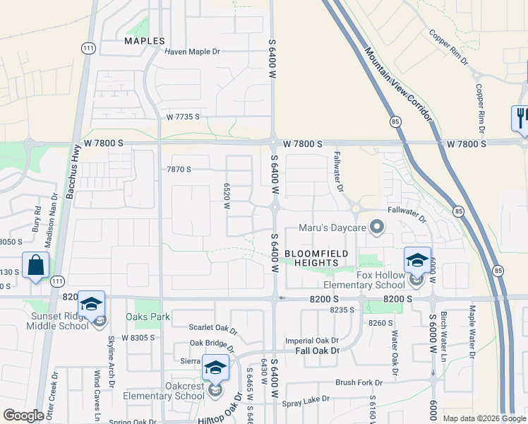 map of restaurants, bars, coffee shops, grocery stores, and more near 6424 Annandale Way in West Jordan