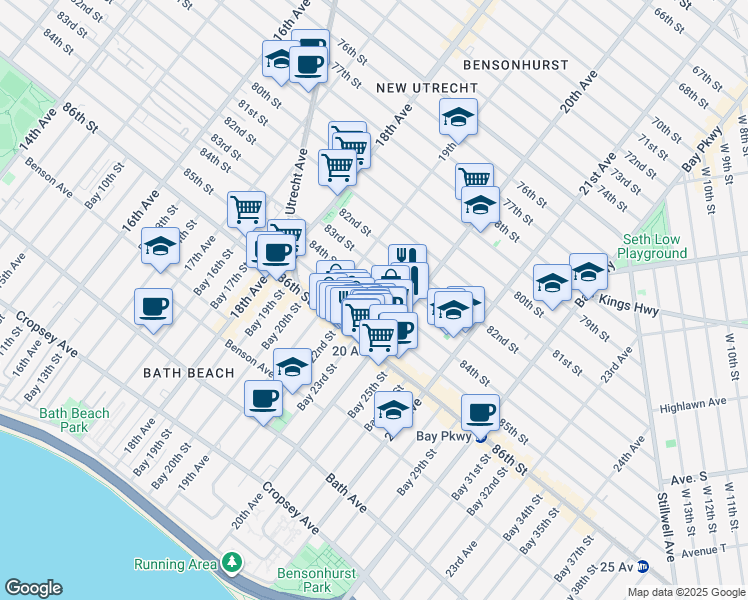 map of restaurants, bars, coffee shops, grocery stores, and more near 1946 84th Street in Brooklyn