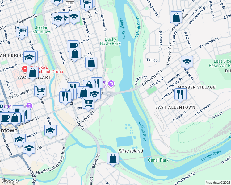 map of restaurants, bars, coffee shops, grocery stores, and more near 5 Hamilton Street in Allentown