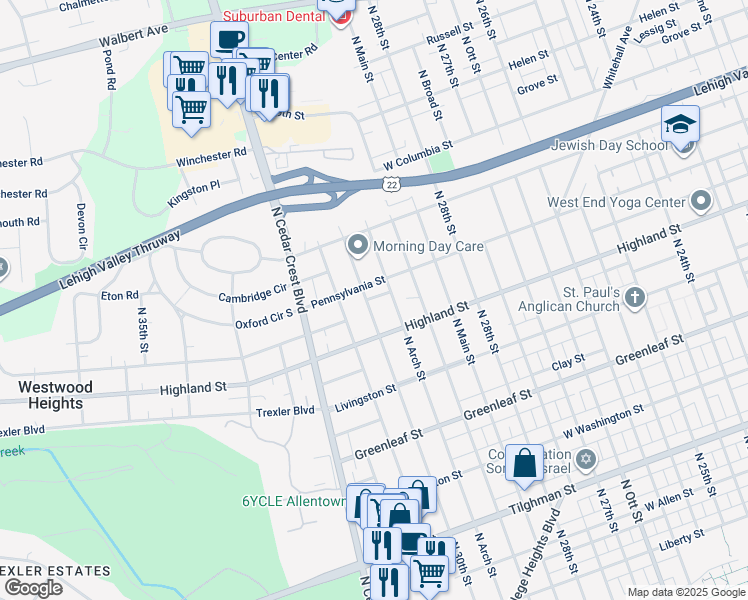 map of restaurants, bars, coffee shops, grocery stores, and more near 1139 North 30th Street in Allentown