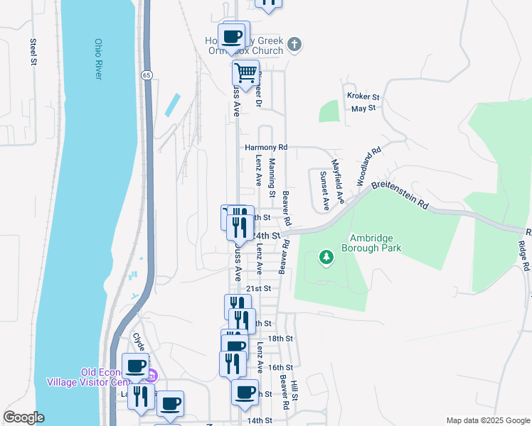 map of restaurants, bars, coffee shops, grocery stores, and more near 2519 Manning Street in Ambridge