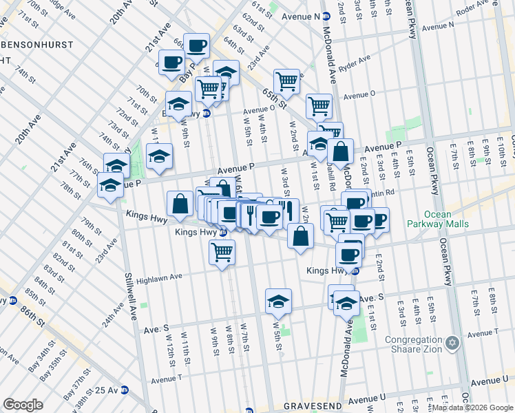 map of restaurants, bars, coffee shops, grocery stores, and more near 213 Quentin Road in Brooklyn