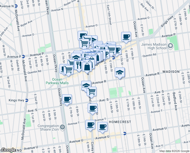 map of restaurants, bars, coffee shops, grocery stores, and more near East 12th Street in Brooklyn