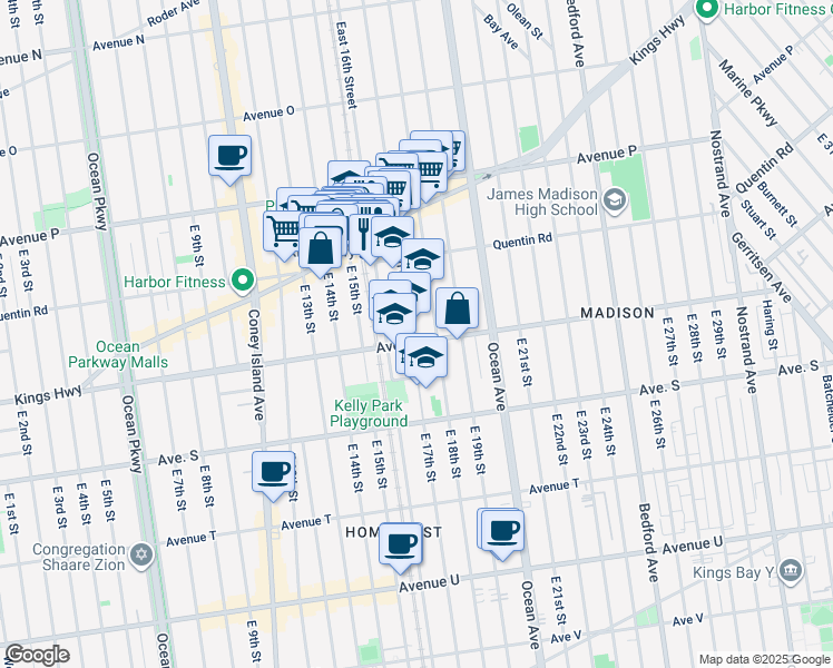 map of restaurants, bars, coffee shops, grocery stores, and more near 1793 East 17th Street in Brooklyn