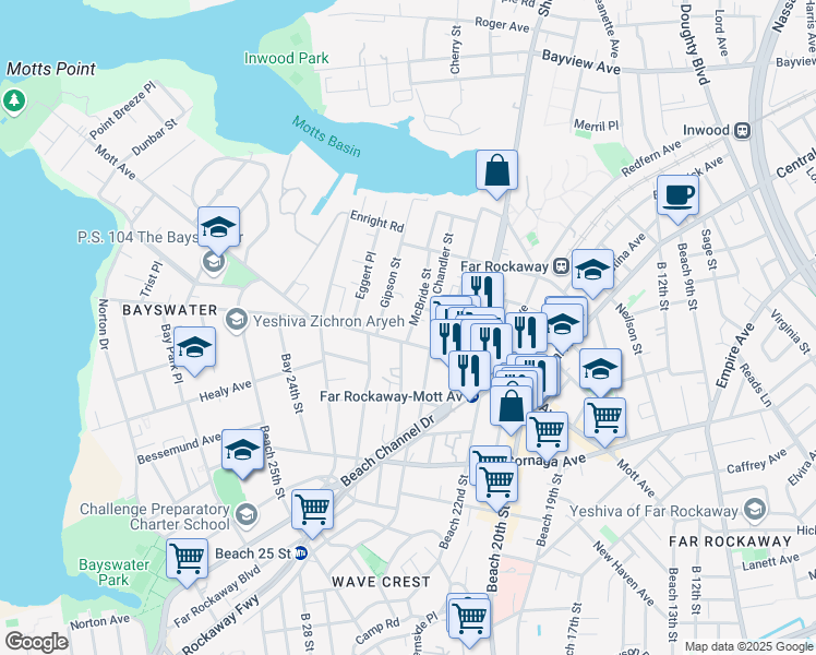 map of restaurants, bars, coffee shops, grocery stores, and more near 1315 McBride Street in Queens