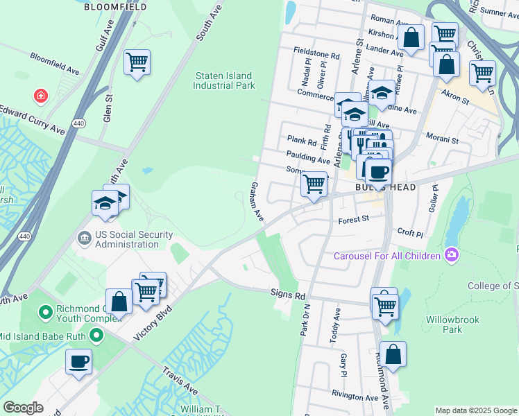 map of restaurants, bars, coffee shops, grocery stores, and more near 306 Graham Avenue in Staten Island