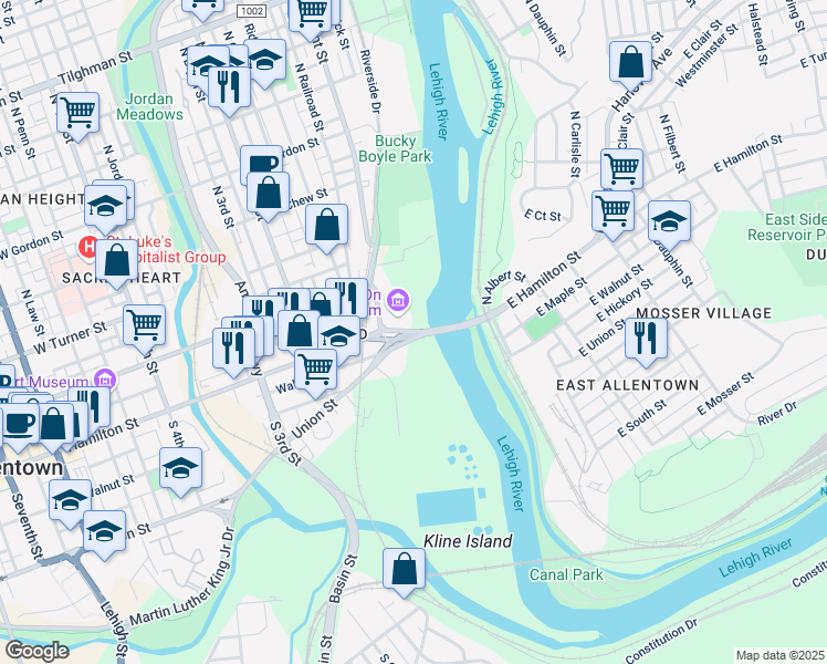 map of restaurants, bars, coffee shops, grocery stores, and more near 5 Hamilton Street in Allentown