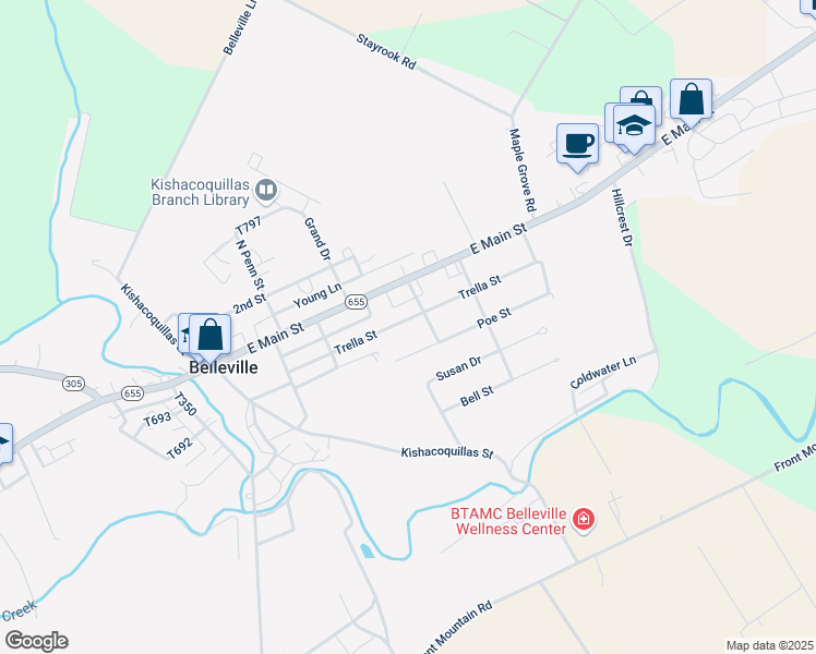 map of restaurants, bars, coffee shops, grocery stores, and more near 182 Trella Street in Belleville