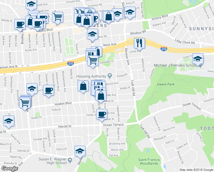 map of restaurants, bars, coffee shops, grocery stores, and more near 266 Westwood Avenue in Staten Island