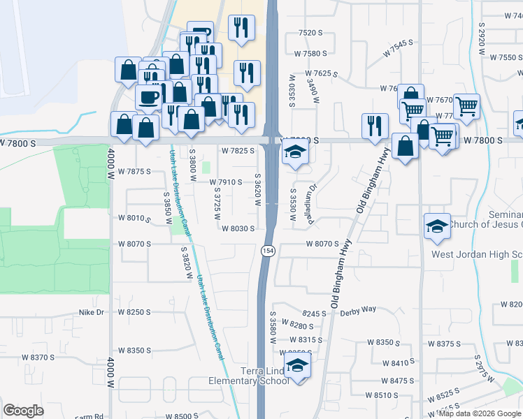map of restaurants, bars, coffee shops, grocery stores, and more near 7981 South 3620 West in West Jordan