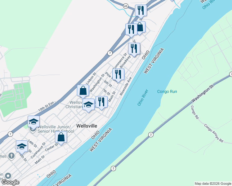 map of restaurants, bars, coffee shops, grocery stores, and more near 102 6th Street in Wellsville