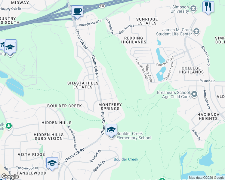 map of restaurants, bars, coffee shops, grocery stores, and more near 626 Olympic Street in Redding