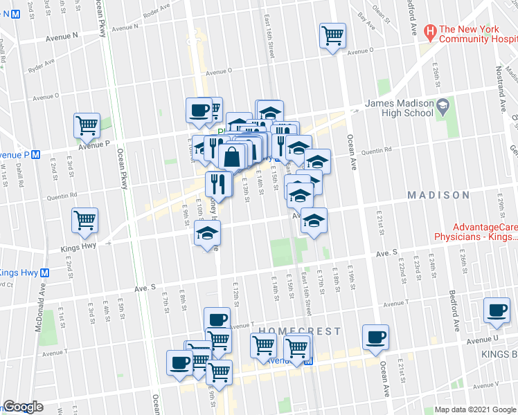 map of restaurants, bars, coffee shops, grocery stores, and more near 1770 East 14th Street in Brooklyn