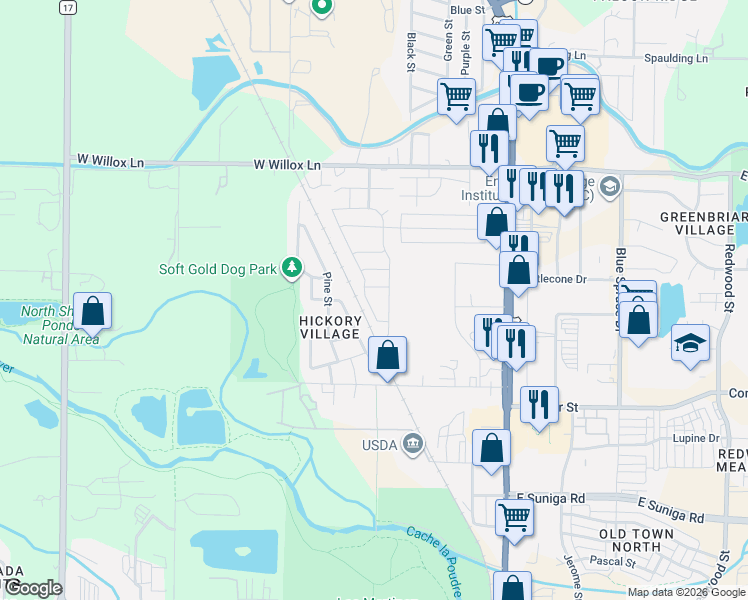 map of restaurants, bars, coffee shops, grocery stores, and more near 1601 North College Avenue in Fort Collins