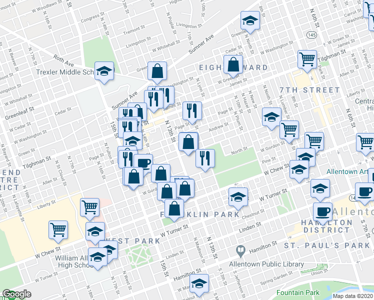 map of restaurants, bars, coffee shops, grocery stores, and more near 1215 Liberty Street in Allentown
