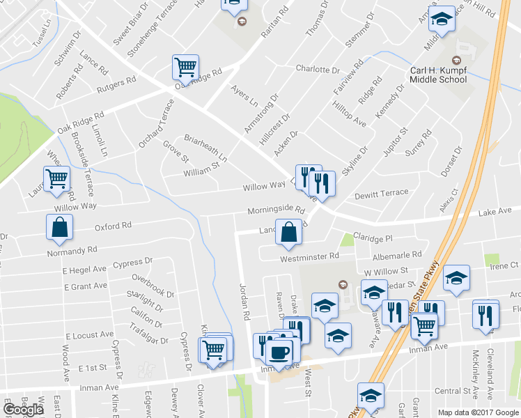 map of restaurants, bars, coffee shops, grocery stores, and more near 68 Morningside Road in Woodbridge Township