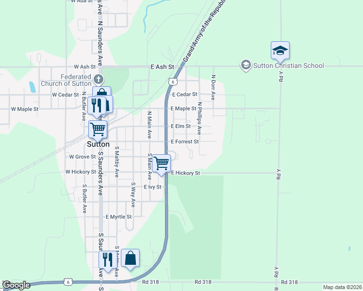 map of restaurants, bars, coffee shops, grocery stores, and more near 538 East Forrest Street in Sutton
