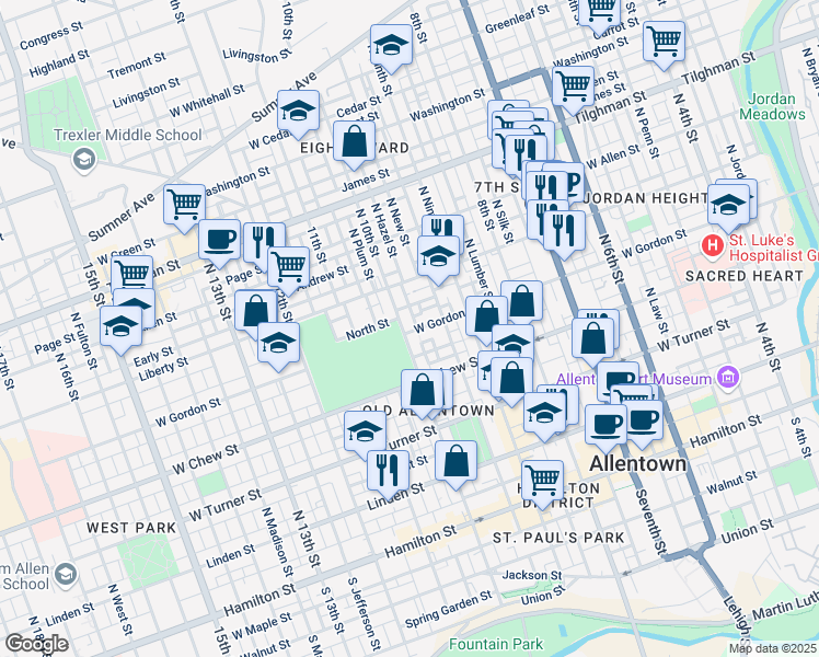 map of restaurants, bars, coffee shops, grocery stores, and more near 401 North 10th Street in Allentown