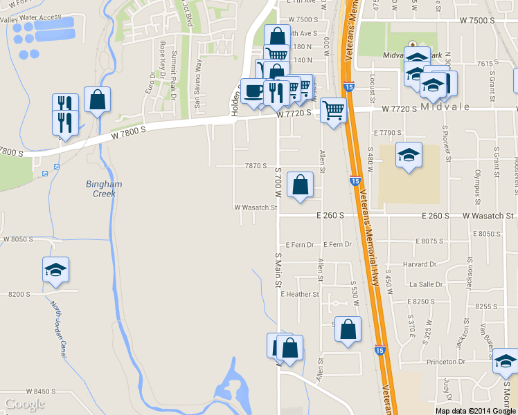 map of restaurants, bars, coffee shops, grocery stores, and more near 754 Wasatch Street in Midvale