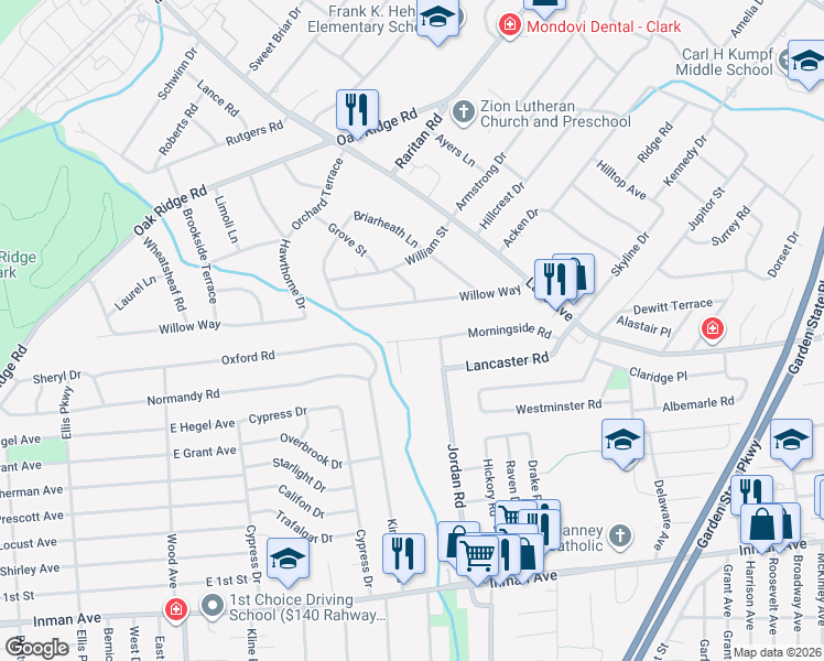 map of restaurants, bars, coffee shops, grocery stores, and more near 128 Morningside Road in Woodbridge Township