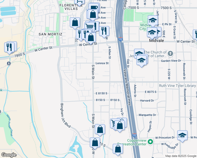 map of restaurants, bars, coffee shops, grocery stores, and more near 639 West Allen Cove in Midvale
