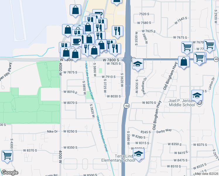 map of restaurants, bars, coffee shops, grocery stores, and more near 7965 South 3725 West in West Jordan